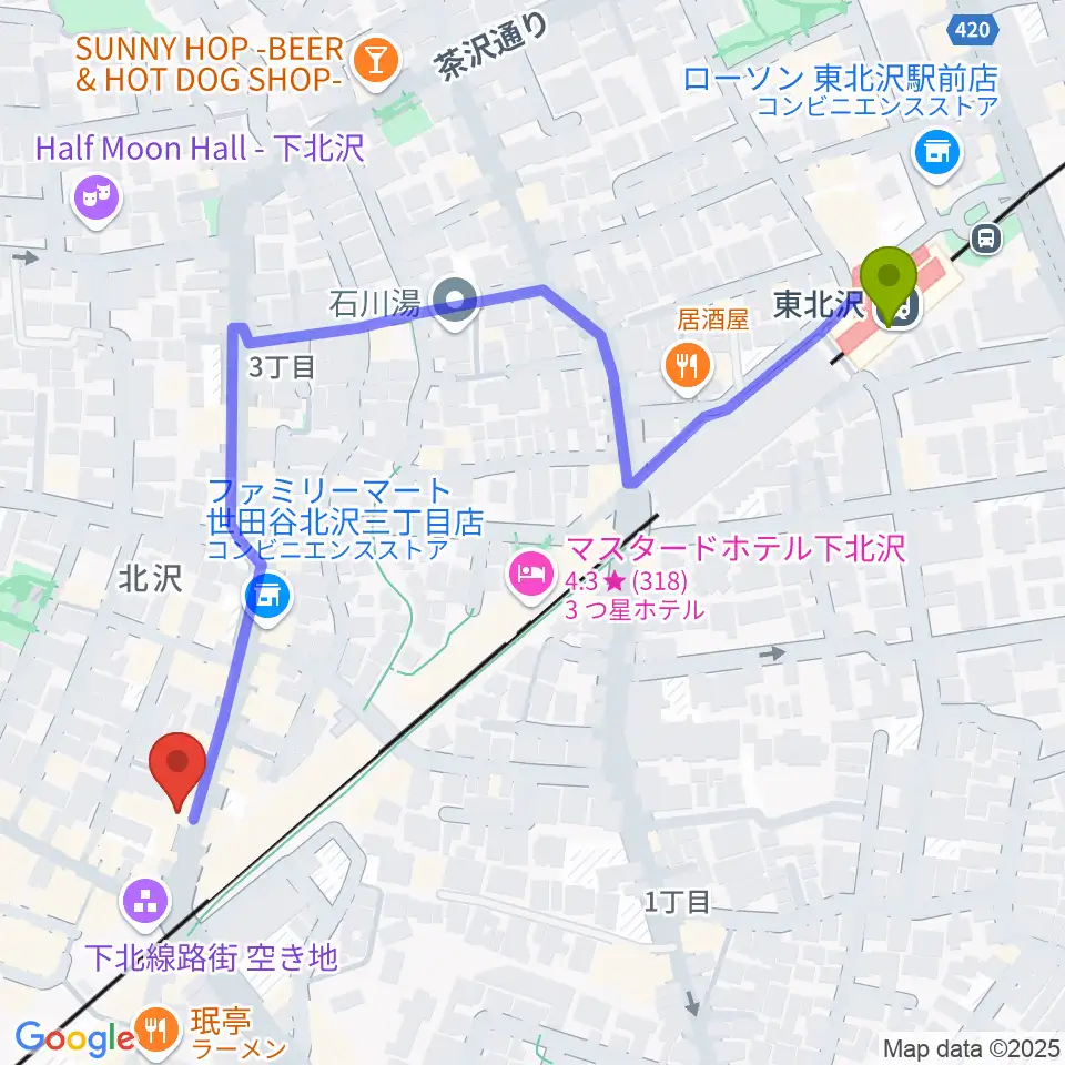 東北沢駅からサウンドスタジオノア 下北沢店へのルートマップ地図