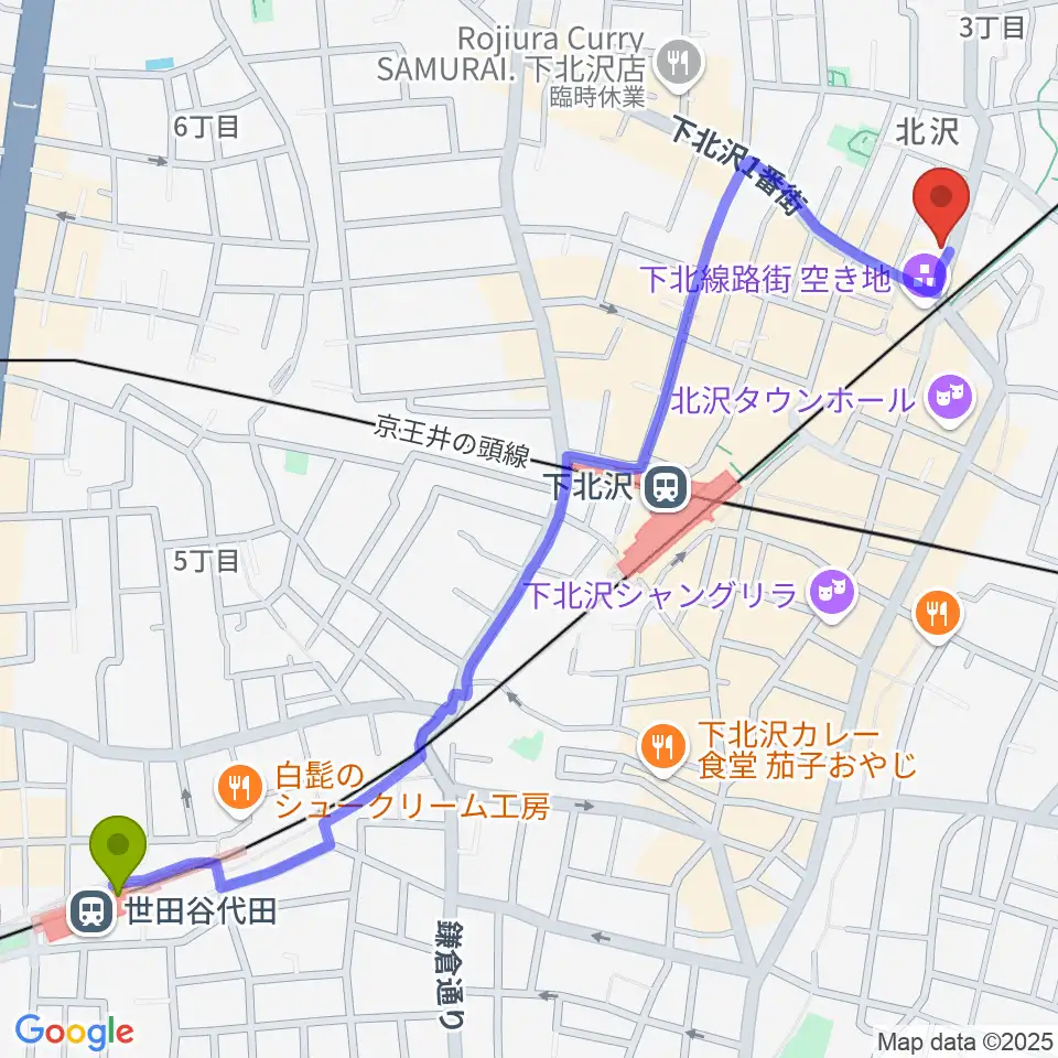 世田谷代田駅からサウンドスタジオノア 下北沢店へのルートマップ地図