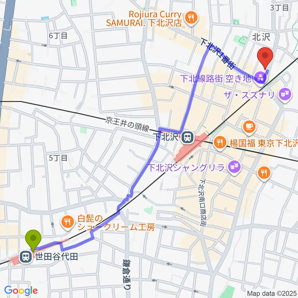 世田谷代田駅からサウンドスタジオノア 下北沢店へのルートマップ地図