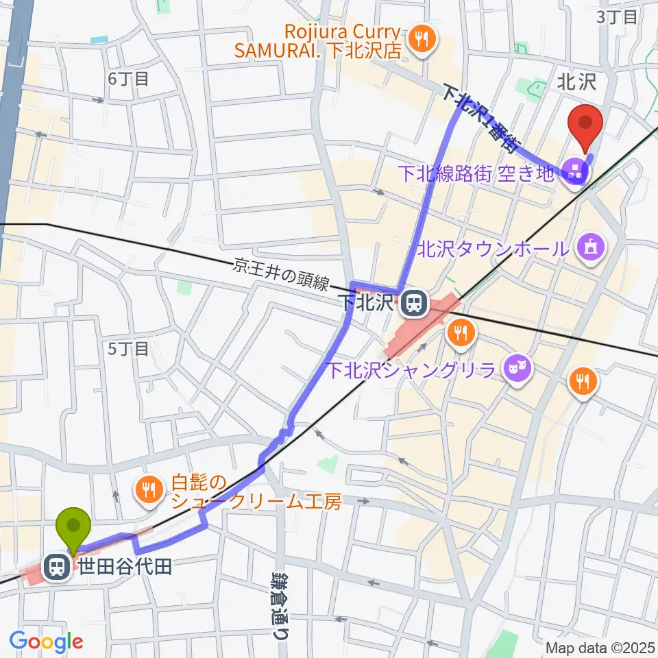 世田谷代田駅からサウンドスタジオノア 下北沢店へのルートマップ地図