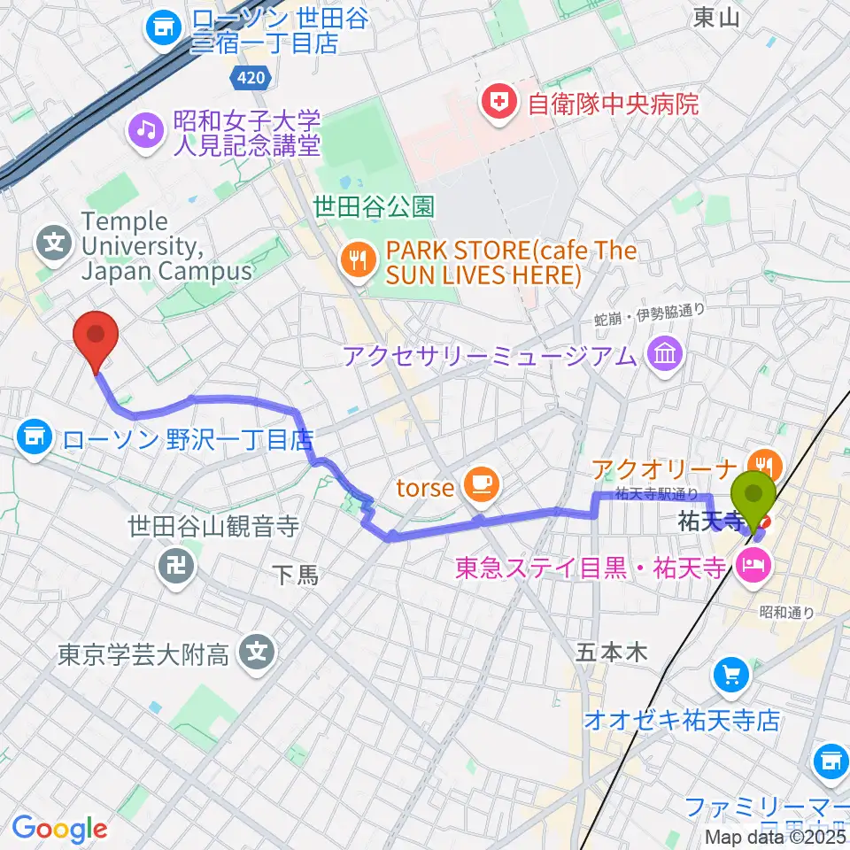 祐天寺駅からサウンドスタジオノア 三軒茶屋店へのルートマップ地図