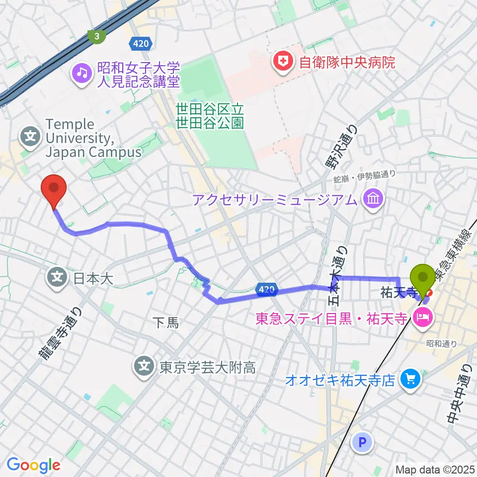 祐天寺駅からサウンドスタジオノア 三軒茶屋店へのルートマップ地図