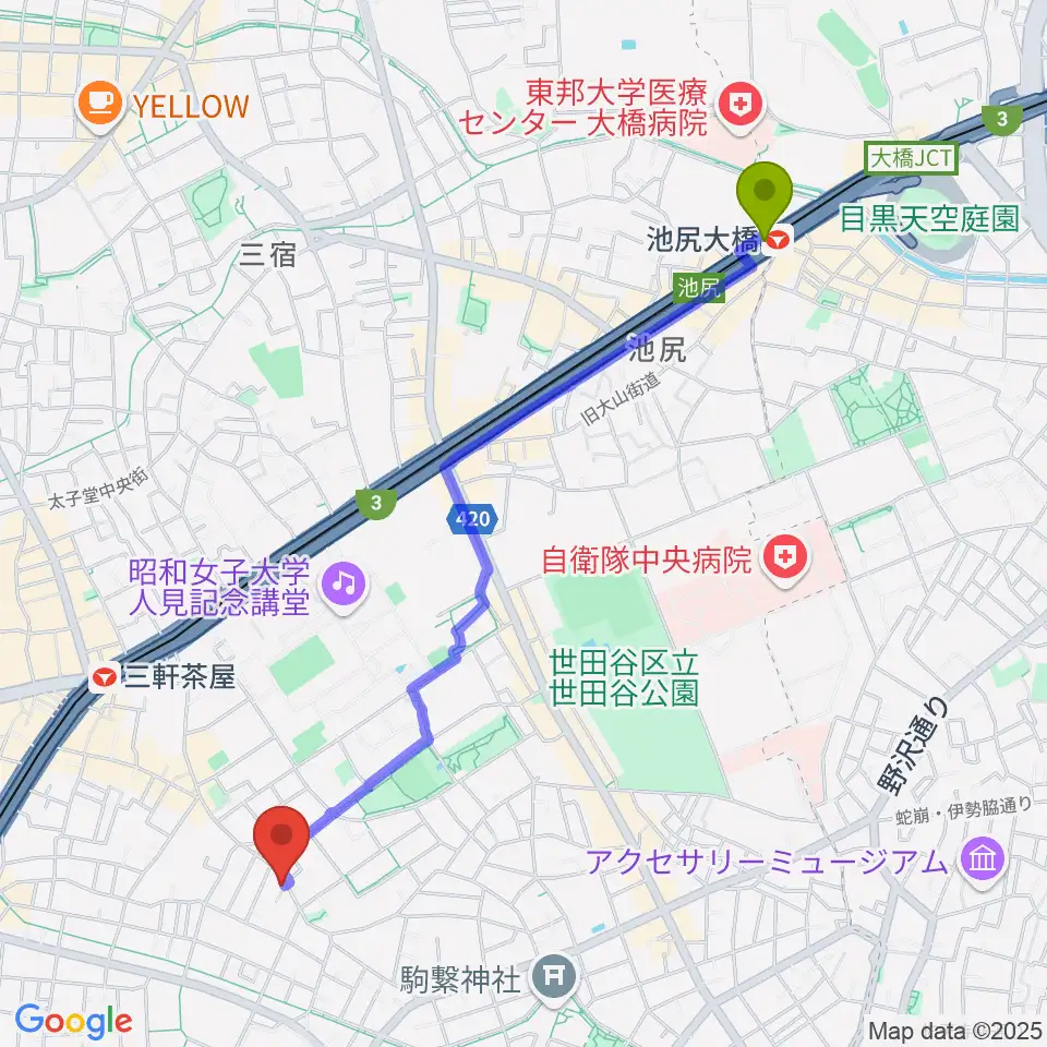 池尻大橋駅からサウンドスタジオノア 三軒茶屋店へのルートマップ地図