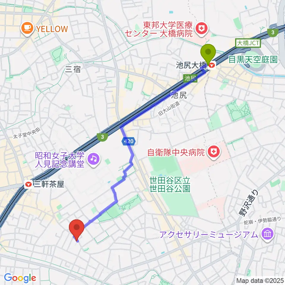 池尻大橋駅からサウンドスタジオノア 三軒茶屋店へのルートマップ地図