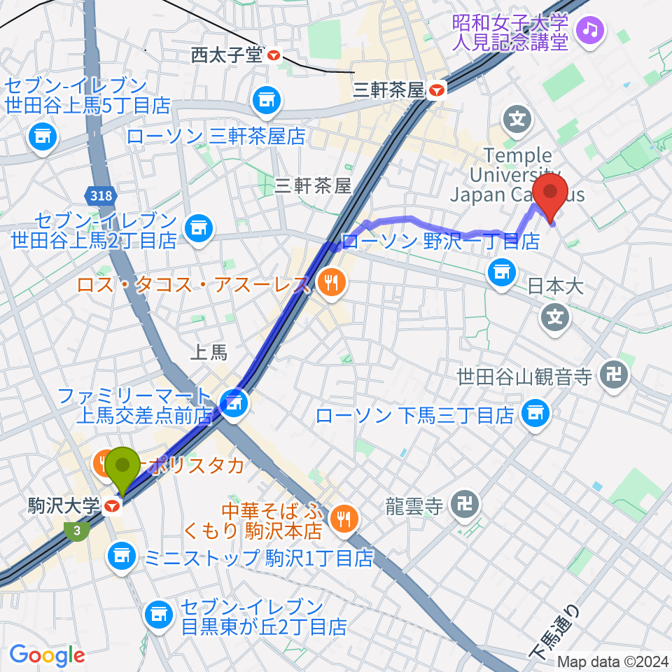 駒沢大学駅からサウンドスタジオノア 三軒茶屋店へのルートマップ地図