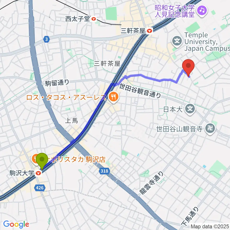 駒沢大学駅からサウンドスタジオノア 三軒茶屋店へのルートマップ地図