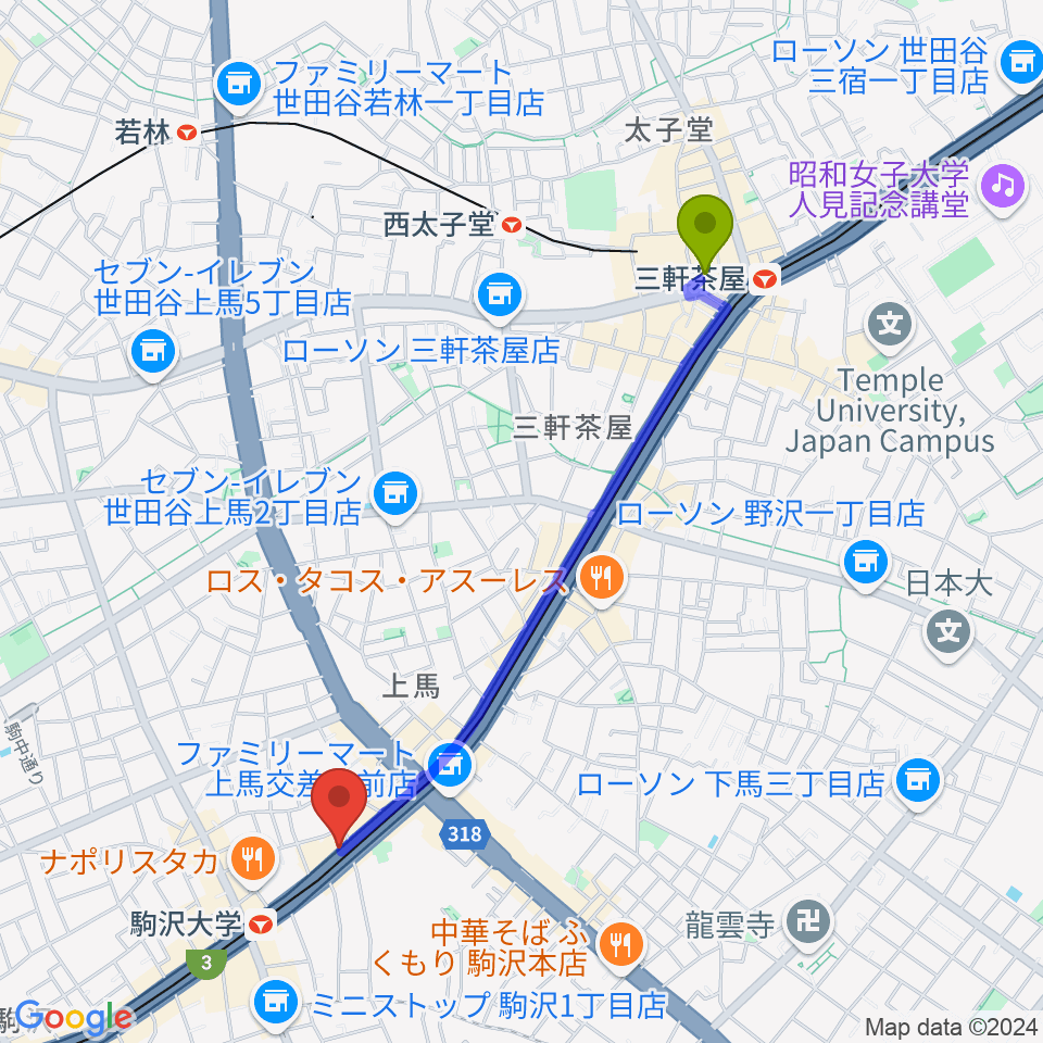 三軒茶屋駅からサウンドスタジオノア駒沢店へのルートマップ地図