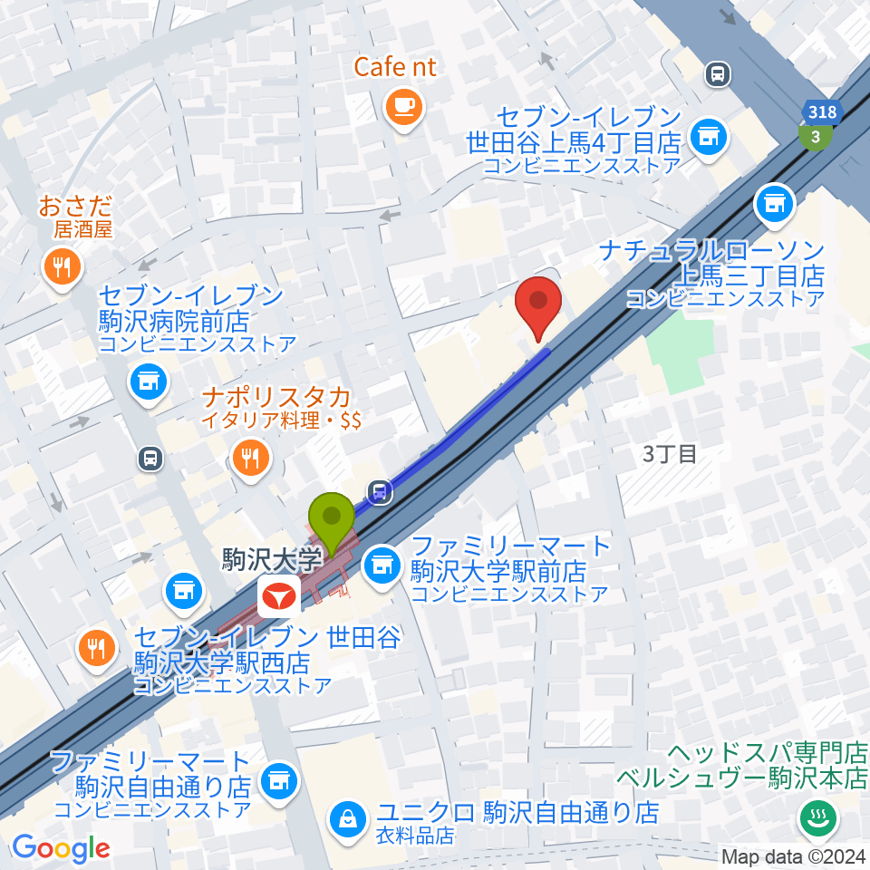 サウンドスタジオノア駒沢店の最寄駅駒沢大学駅からの徒歩ルート（約3分）地図