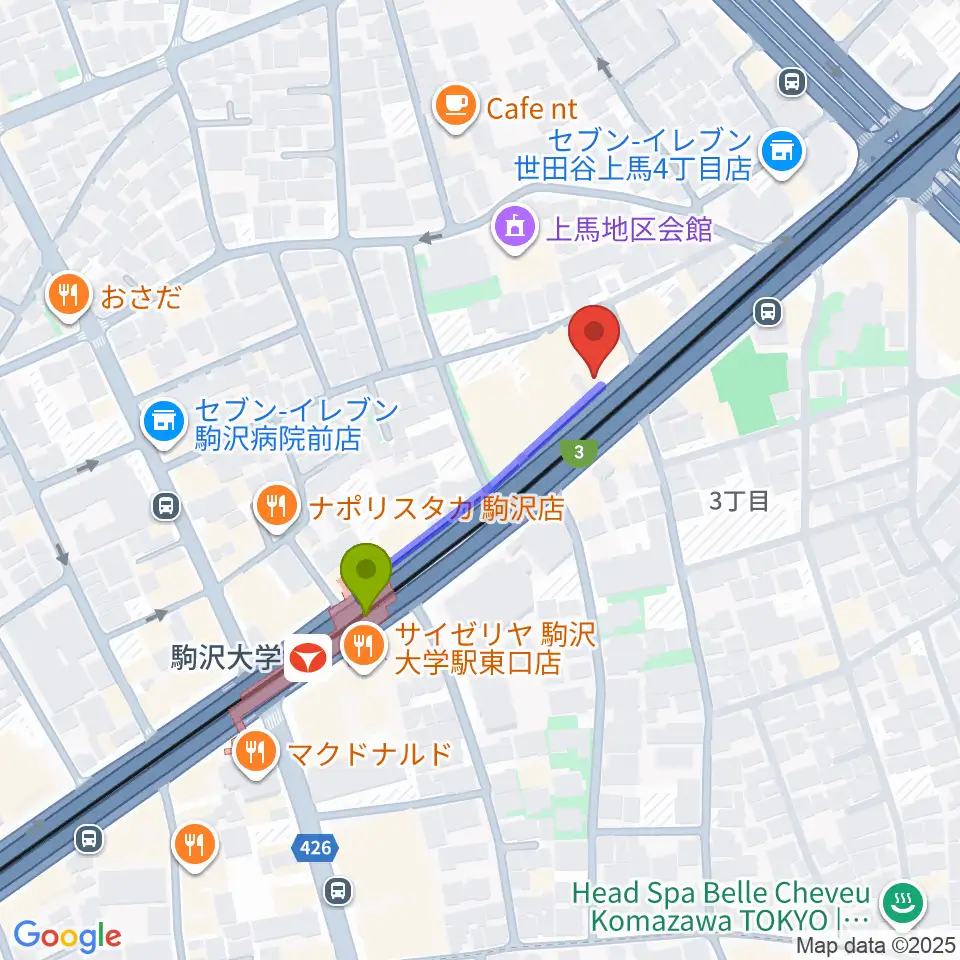 サウンドスタジオノア駒沢店の最寄駅駒沢大学駅からの徒歩ルート（約3分）地図