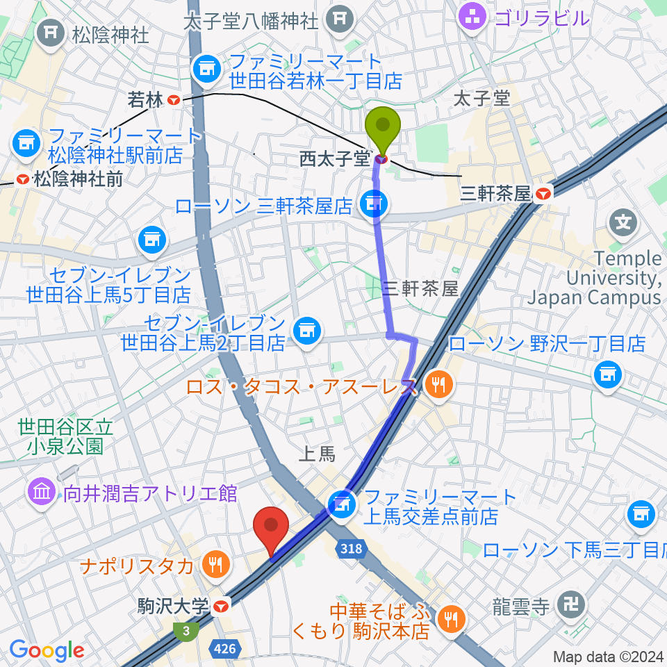 西太子堂駅からサウンドスタジオノア駒沢店へのルートマップ地図