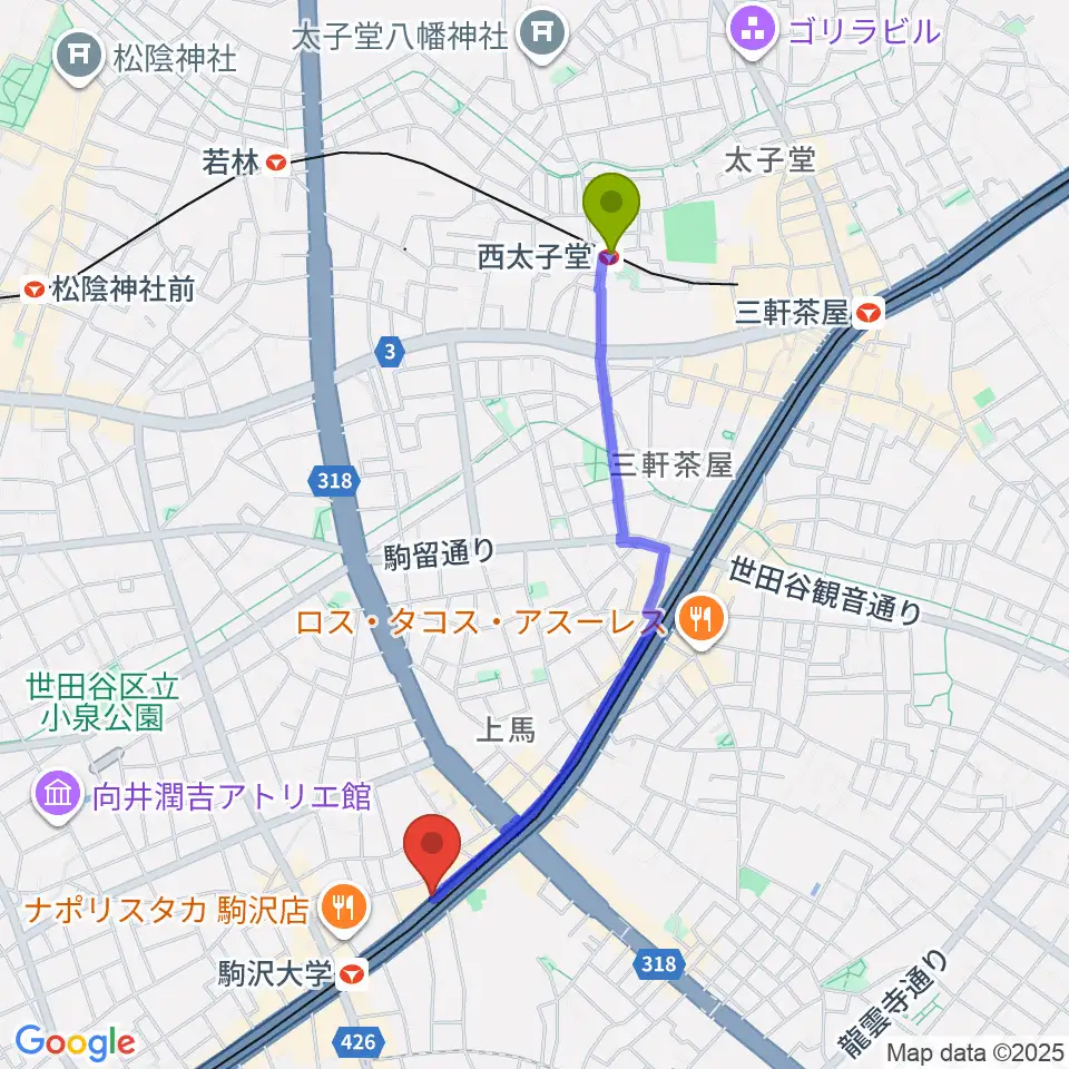 西太子堂駅からサウンドスタジオノア駒沢店へのルートマップ地図
