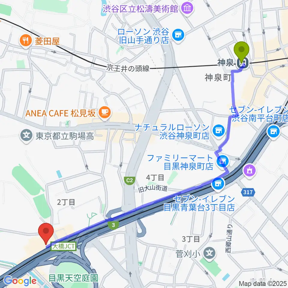 神泉駅からサウンドスタジオノア 池尻大橋店へのルートマップ地図