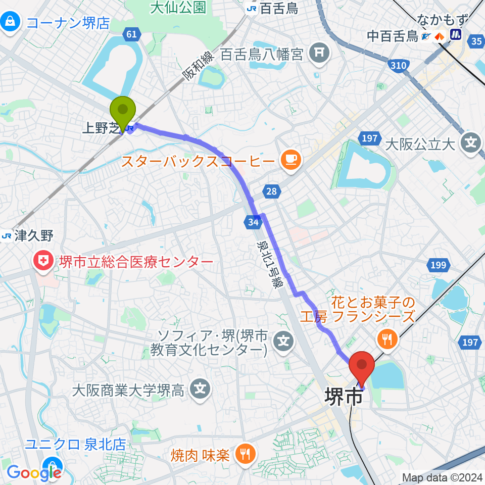 上野芝駅からコタニピアノ工房へのルートマップ地図