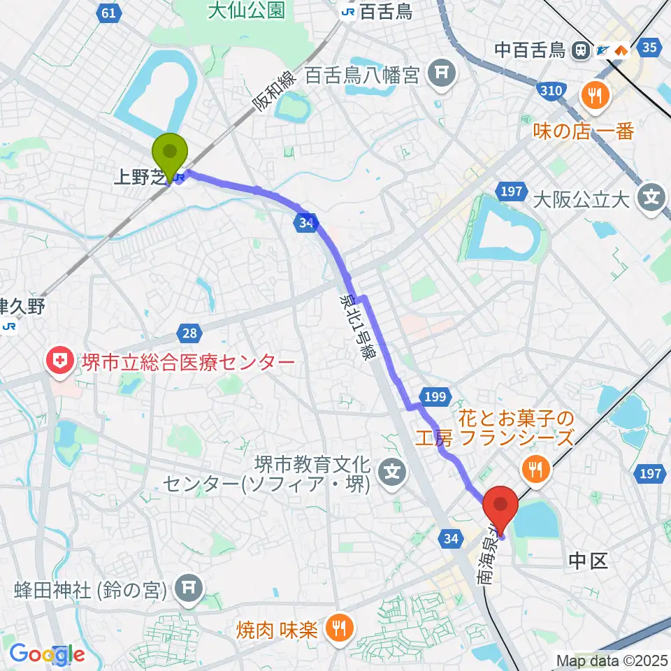 上野芝駅からコタニピアノ工房へのルートマップ地図