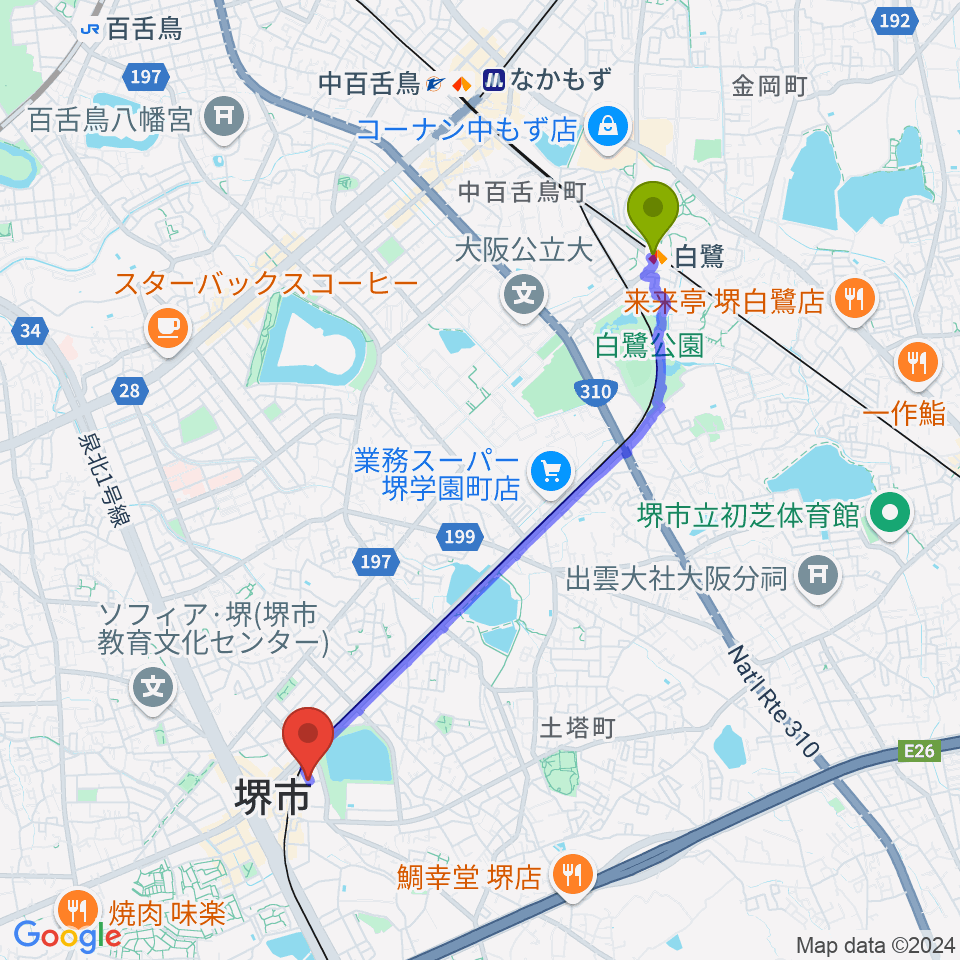 白鷺駅からコタニピアノ工房へのルートマップ地図