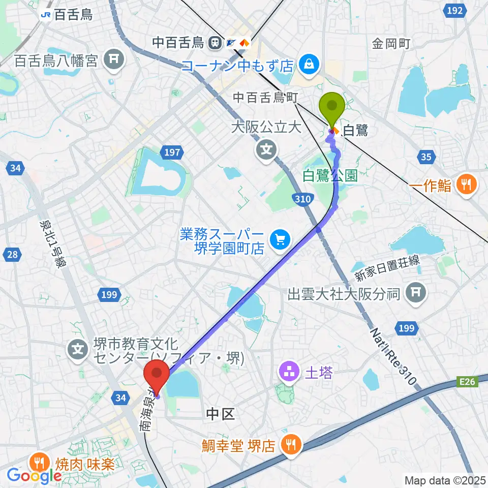 白鷺駅からコタニピアノ工房へのルートマップ地図