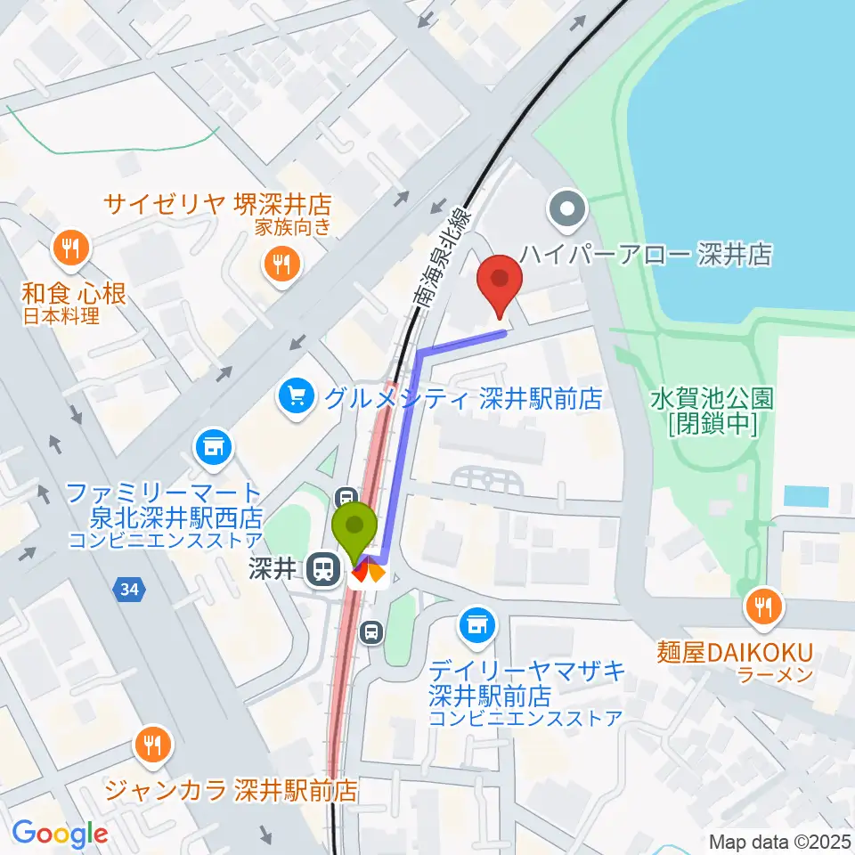 コタニピアノ工房の最寄駅深井駅からの徒歩ルート（約3分）地図