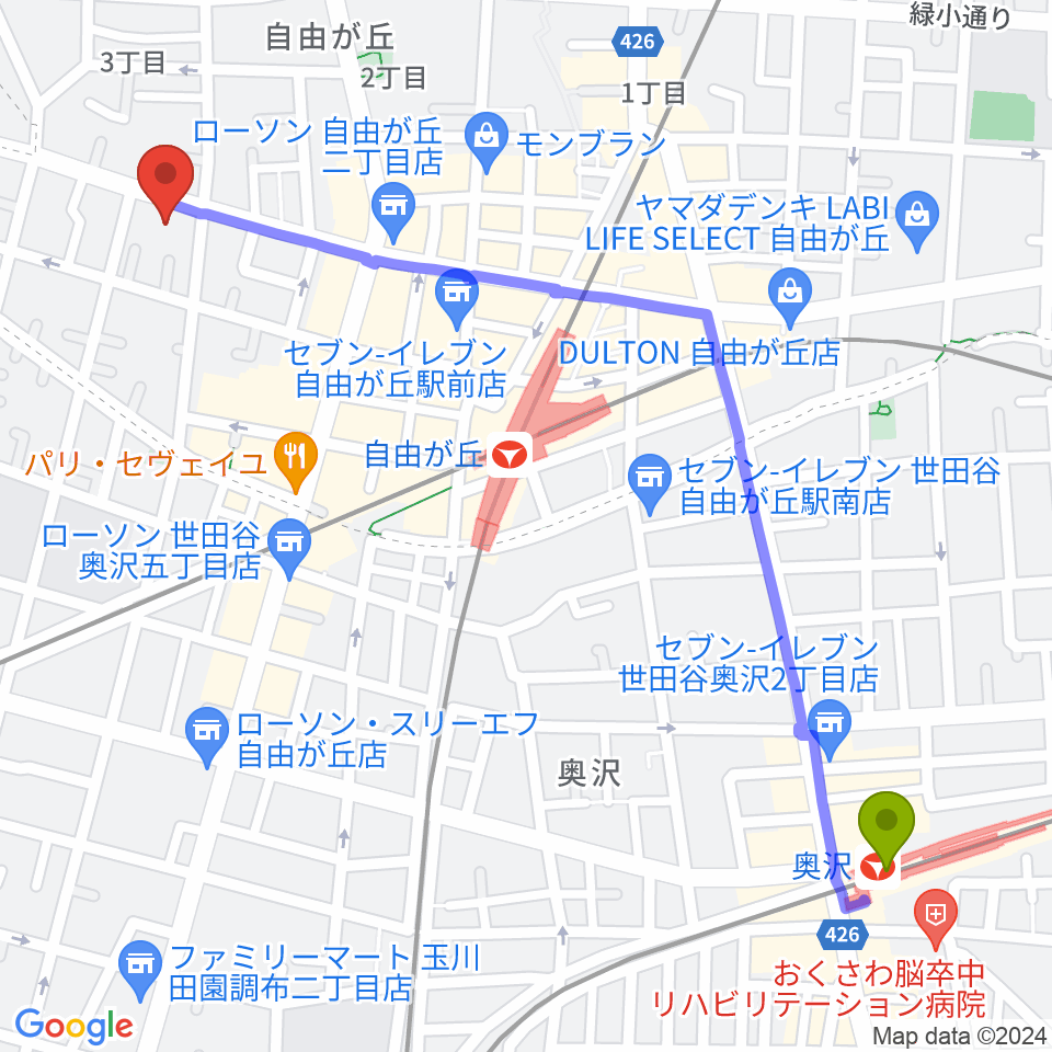 奥沢駅からサウンドスタジオノア 自由が丘店へのルートマップ地図