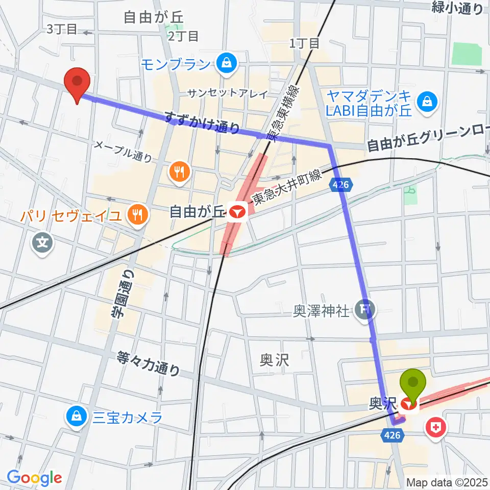 奥沢駅からサウンドスタジオノア 自由が丘店へのルートマップ地図