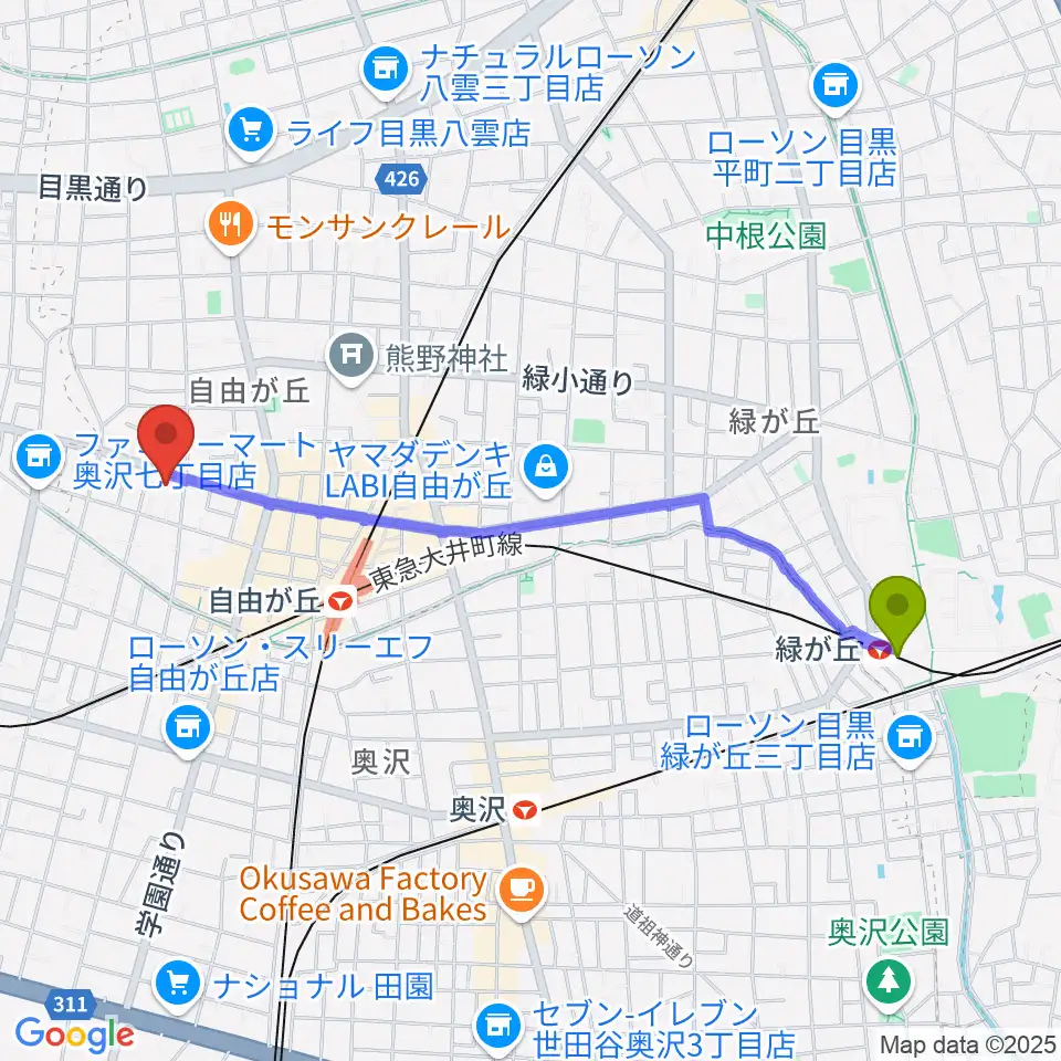 緑が丘駅からサウンドスタジオノア 自由が丘店へのルートマップ地図