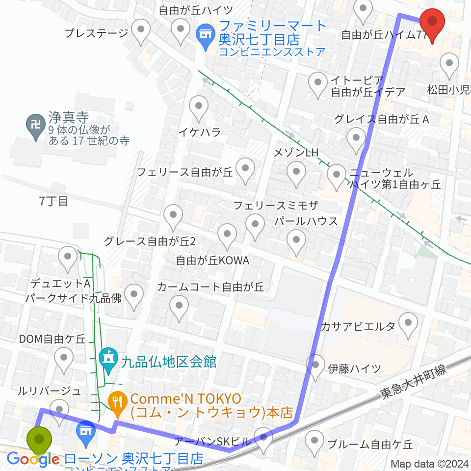九品仏駅からサウンドスタジオノア 自由が丘店へのルートマップ地図