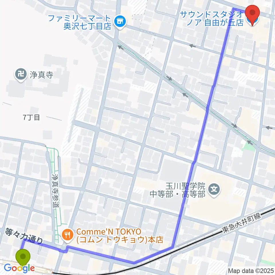 九品仏駅からサウンドスタジオノア 自由が丘店へのルートマップ地図