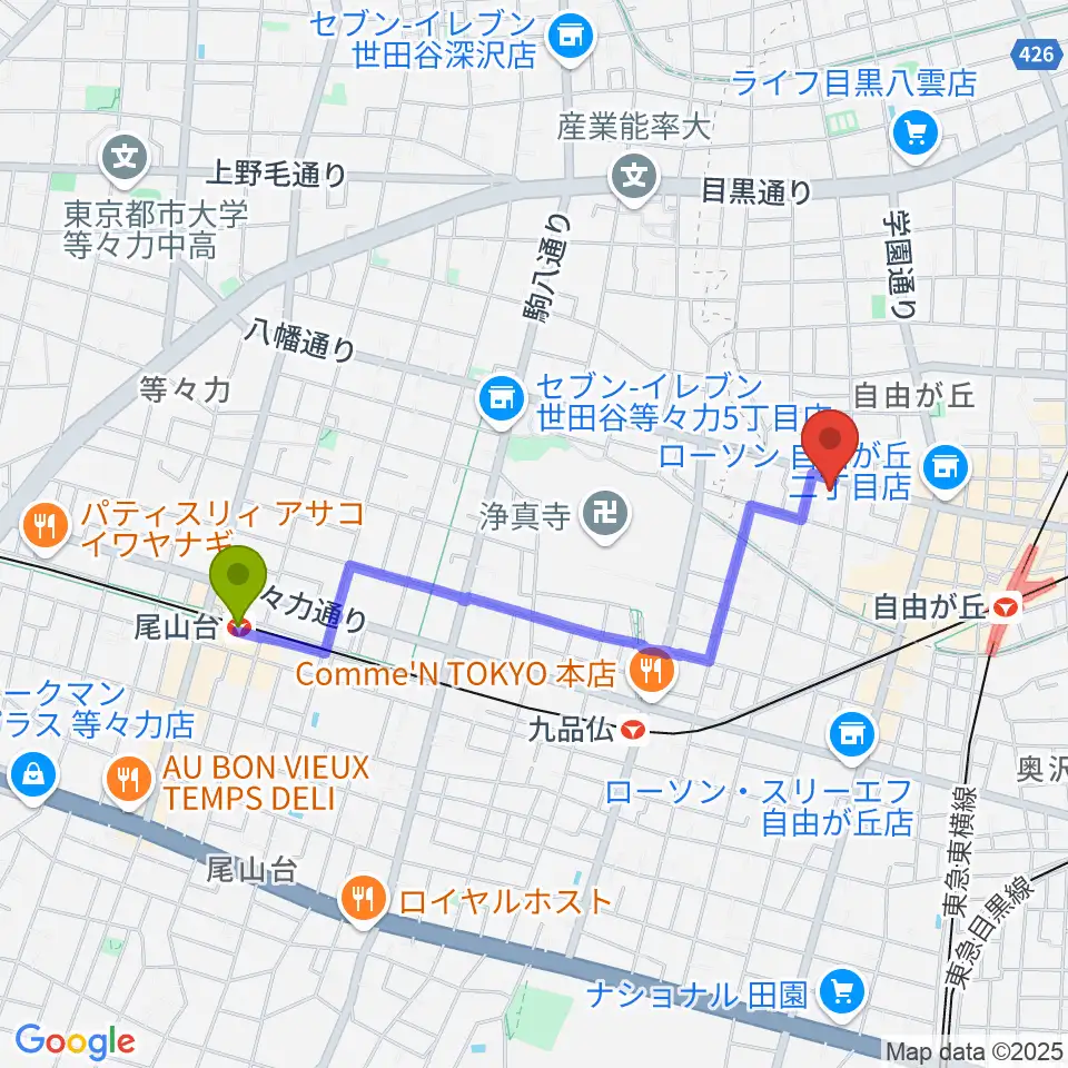 尾山台駅からサウンドスタジオノア 自由が丘店へのルートマップ地図