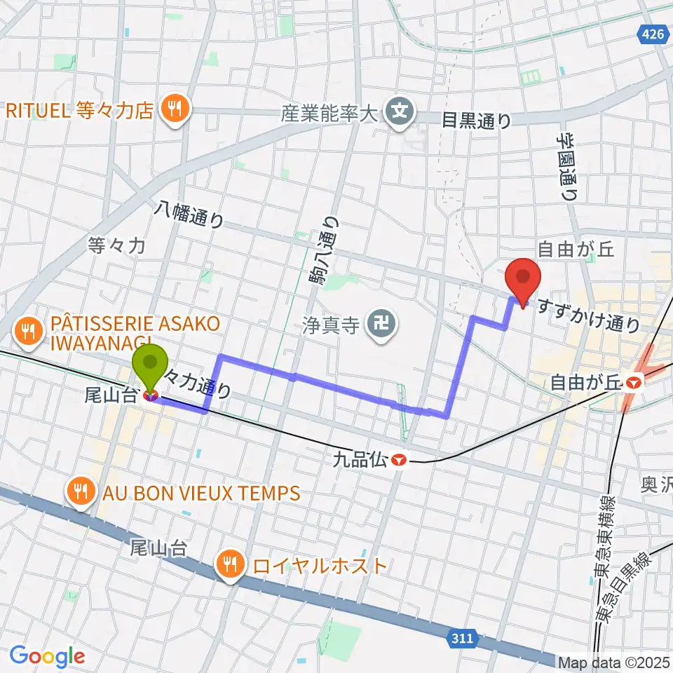 尾山台駅からサウンドスタジオノア 自由が丘店へのルートマップ地図