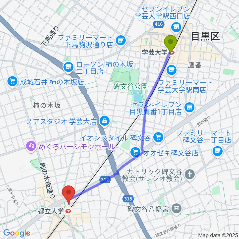 学芸大学駅からサウンドスタジオノア 都立大店へのルートマップ地図