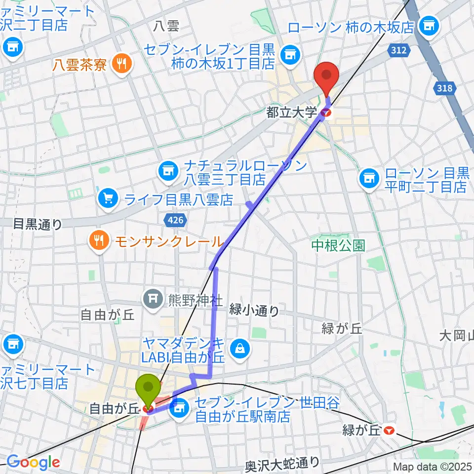 自由が丘駅からサウンドスタジオノア 都立大店へのルートマップ地図