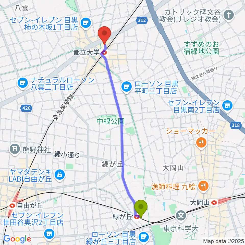 緑が丘駅からサウンドスタジオノア 都立大店へのルートマップ地図