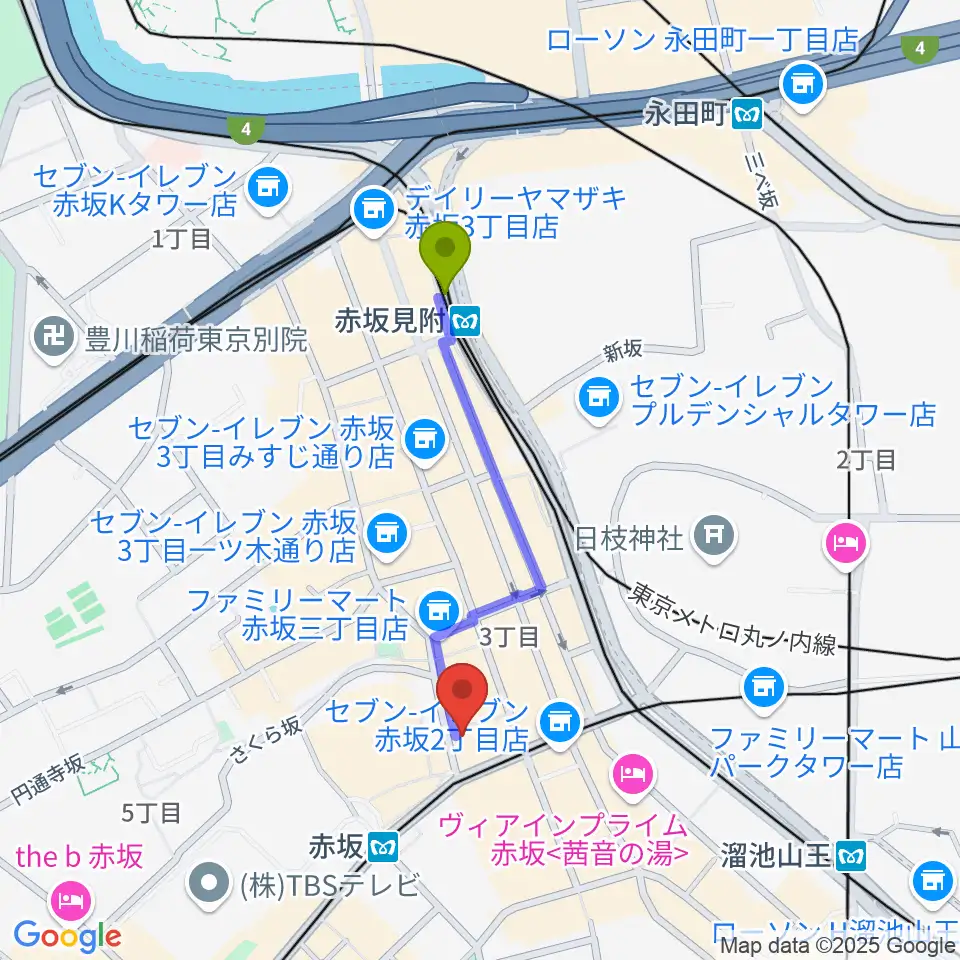 赤坂見附駅からサウンドスタジオノア 赤坂店へのルートマップ地図