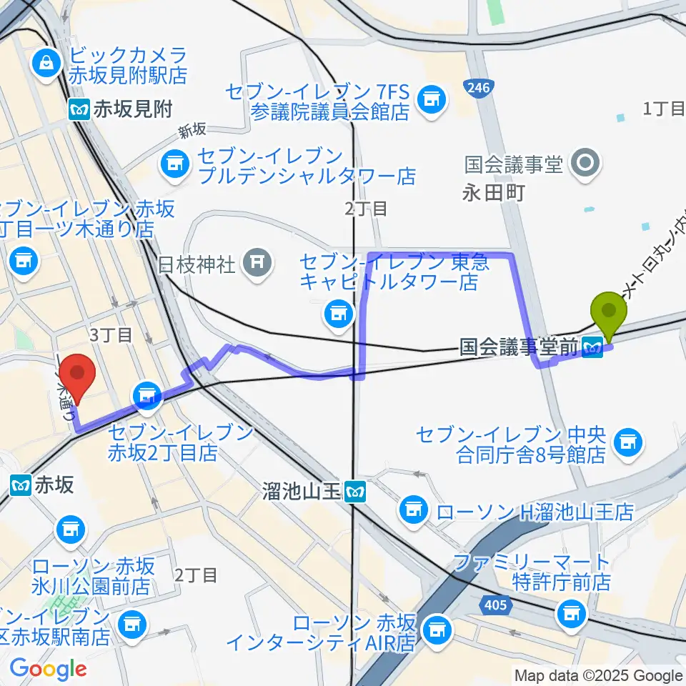 国会議事堂前駅からサウンドスタジオノア 赤坂店へのルートマップ地図