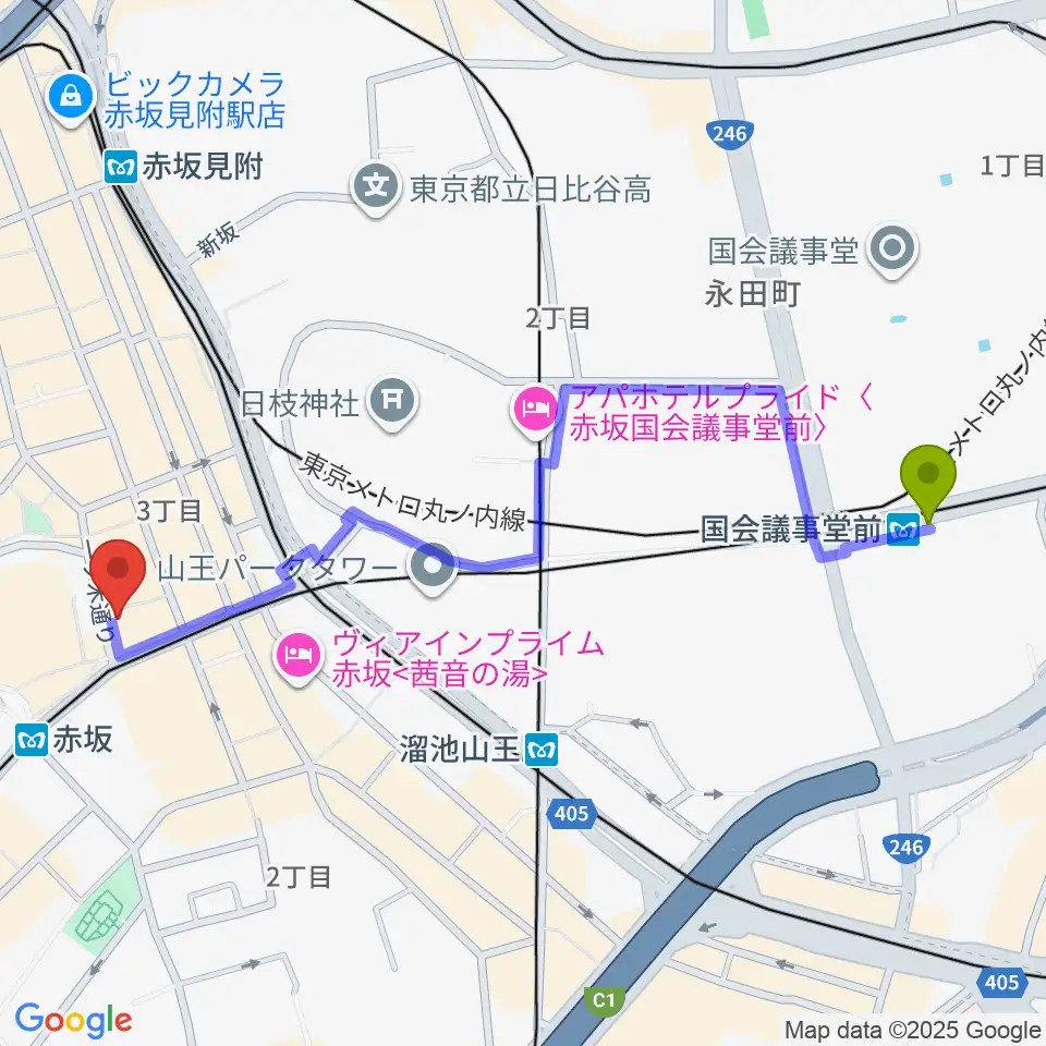 国会議事堂前駅からサウンドスタジオノア 赤坂店へのルートマップ地図