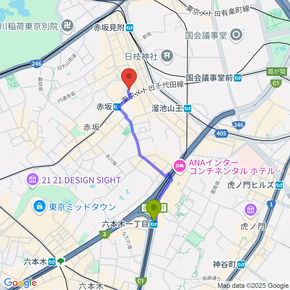 六本木一丁目駅からサウンドスタジオノア 赤坂店へのルートマップ地図