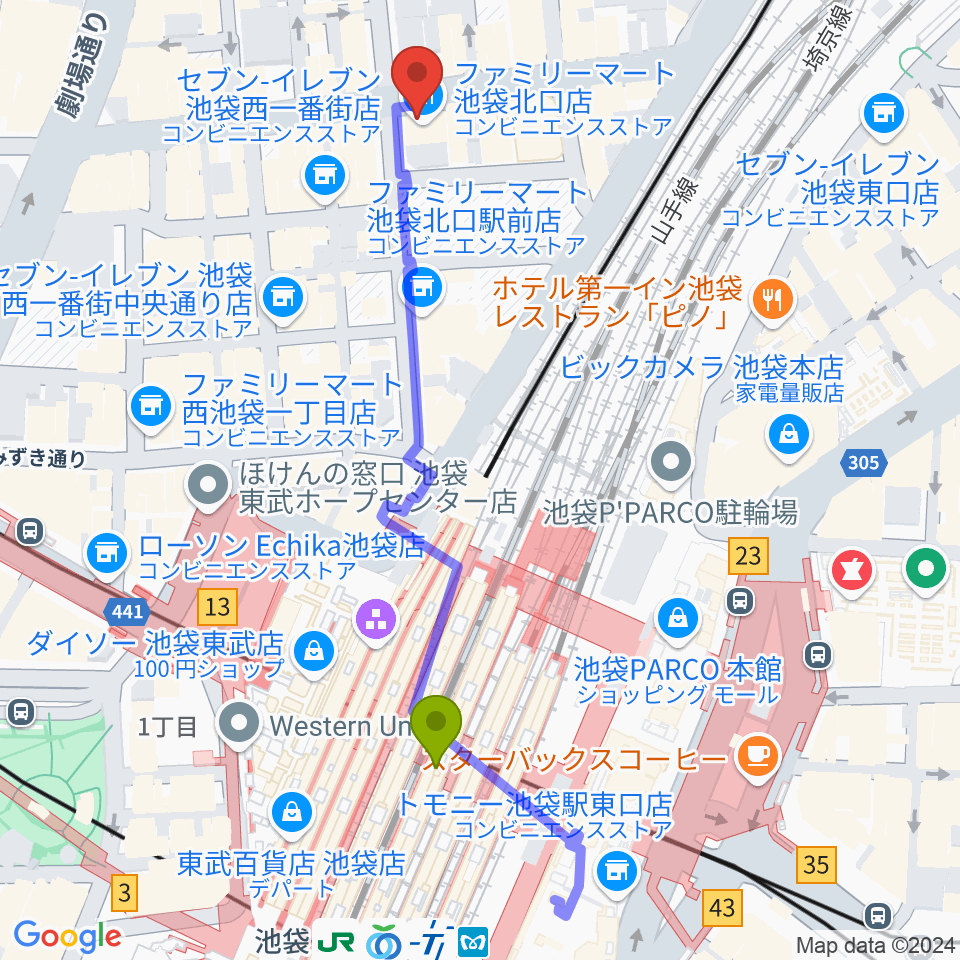 ゲートウェイスタジオ池袋北口店の最寄駅池袋駅からの徒歩ルート 約5分 Mdata