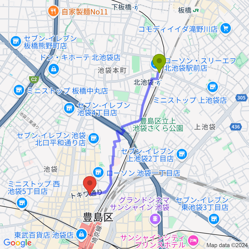 北池袋駅からゲートウェイスタジオ池袋北口店へのルートマップ地図