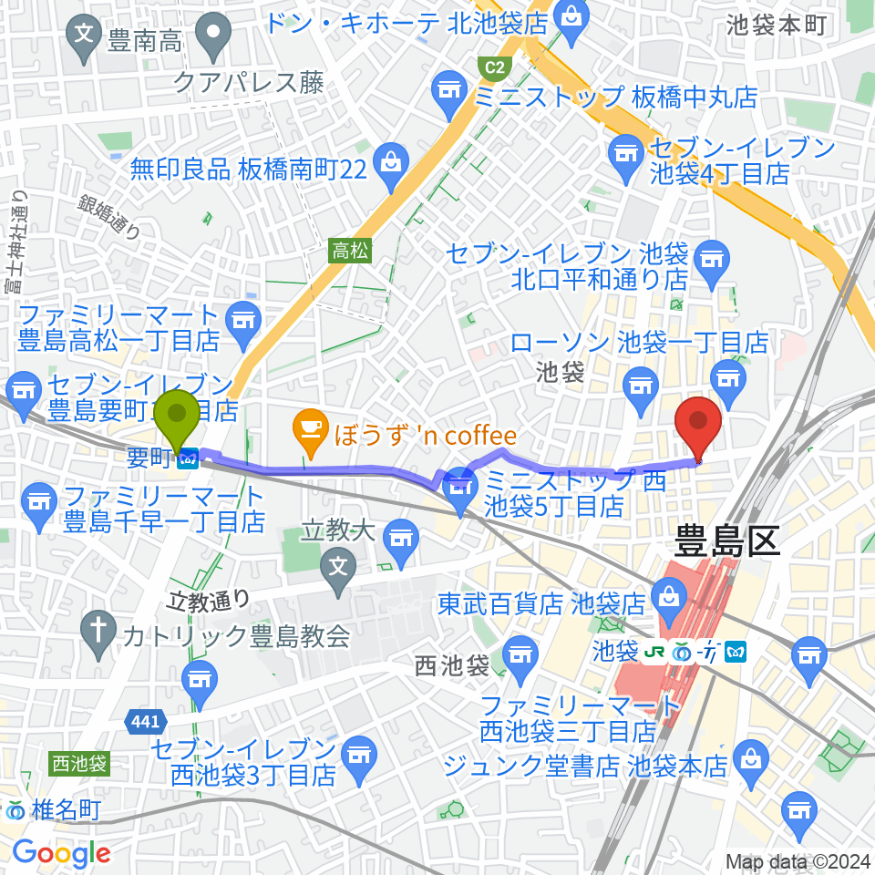 要町駅からゲートウェイスタジオ池袋北口店へのルートマップ地図