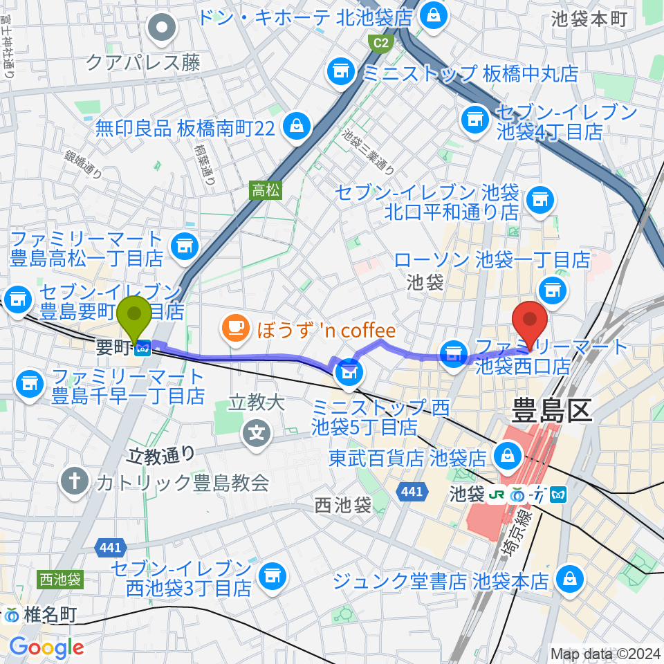 要町駅からゲートウェイスタジオ池袋北口店へのルートマップ地図