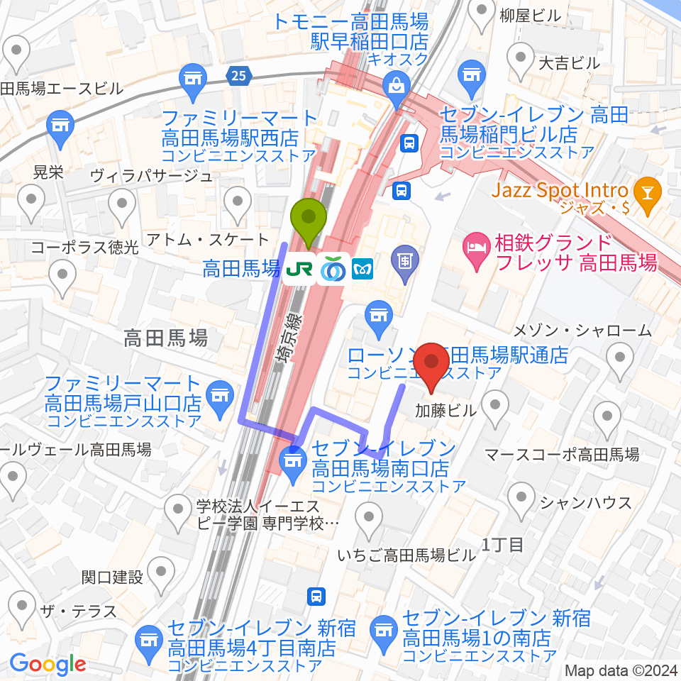 ゲートウェイスタジオ高田馬場3号店の最寄駅高田馬場駅からの徒歩ルート（約2分）地図