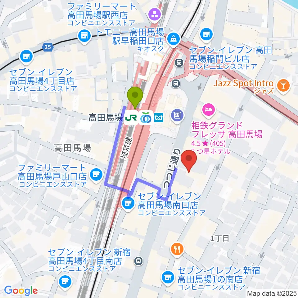 ゲートウェイスタジオ高田馬場3号店の最寄駅高田馬場駅からの徒歩ルート（約2分）地図