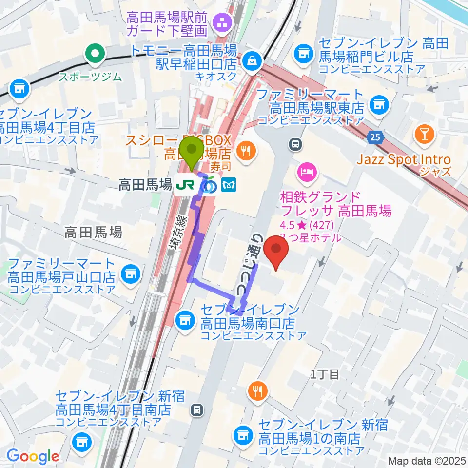 ゲートウェイスタジオ高田馬場3号店の最寄駅高田馬場駅からの徒歩ルート（約2分）地図