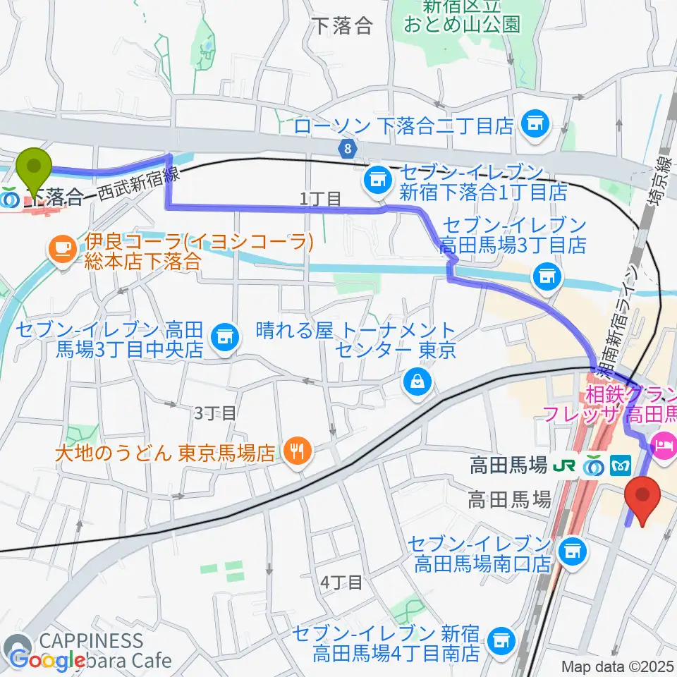 下落合駅からゲートウェイスタジオ高田馬場3号店へのルートマップ地図