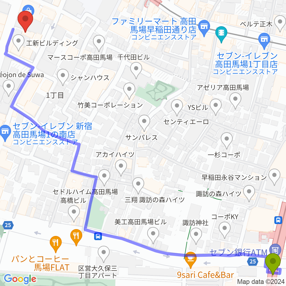 西早稲田駅からゲートウェイスタジオ高田馬場3号店へのルートマップ地図