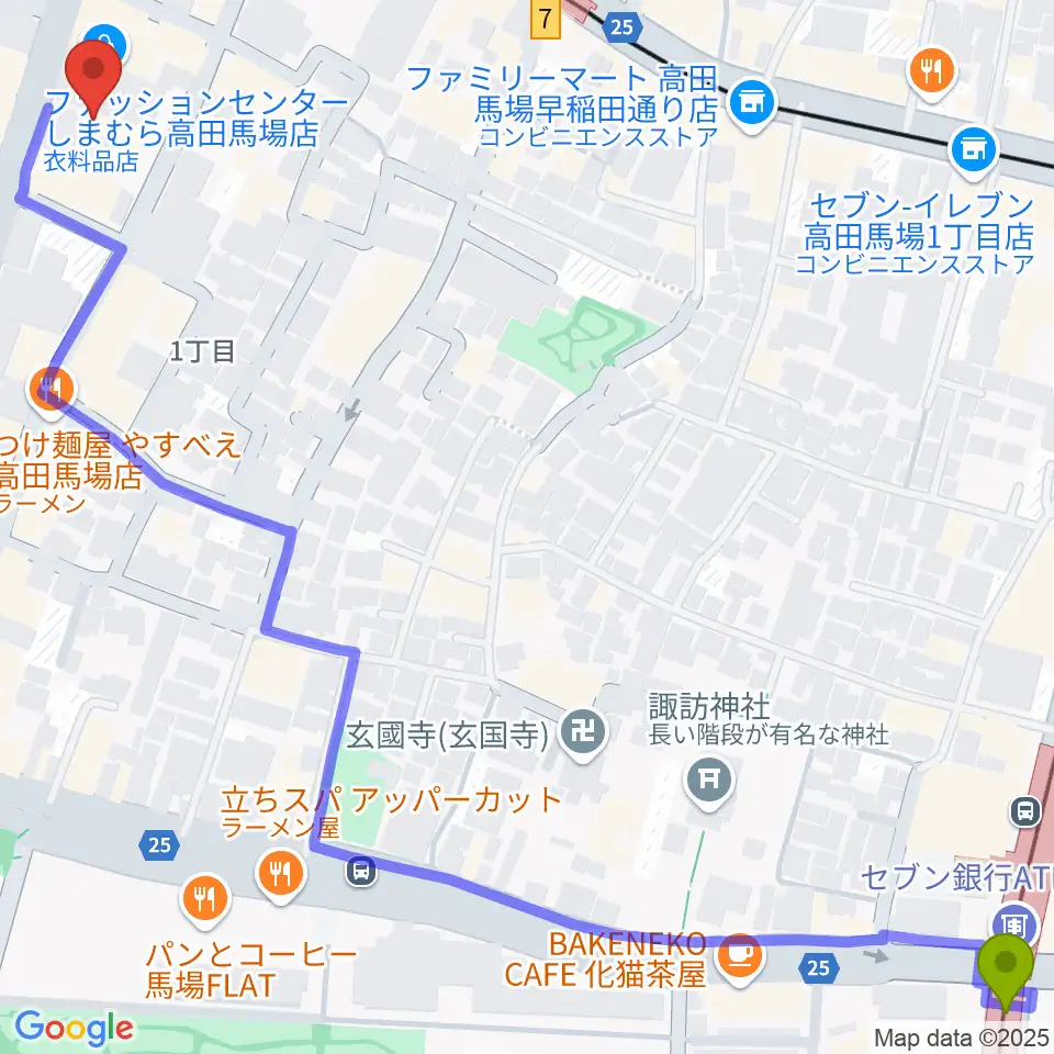 西早稲田駅からゲートウェイスタジオ高田馬場3号店へのルートマップ地図