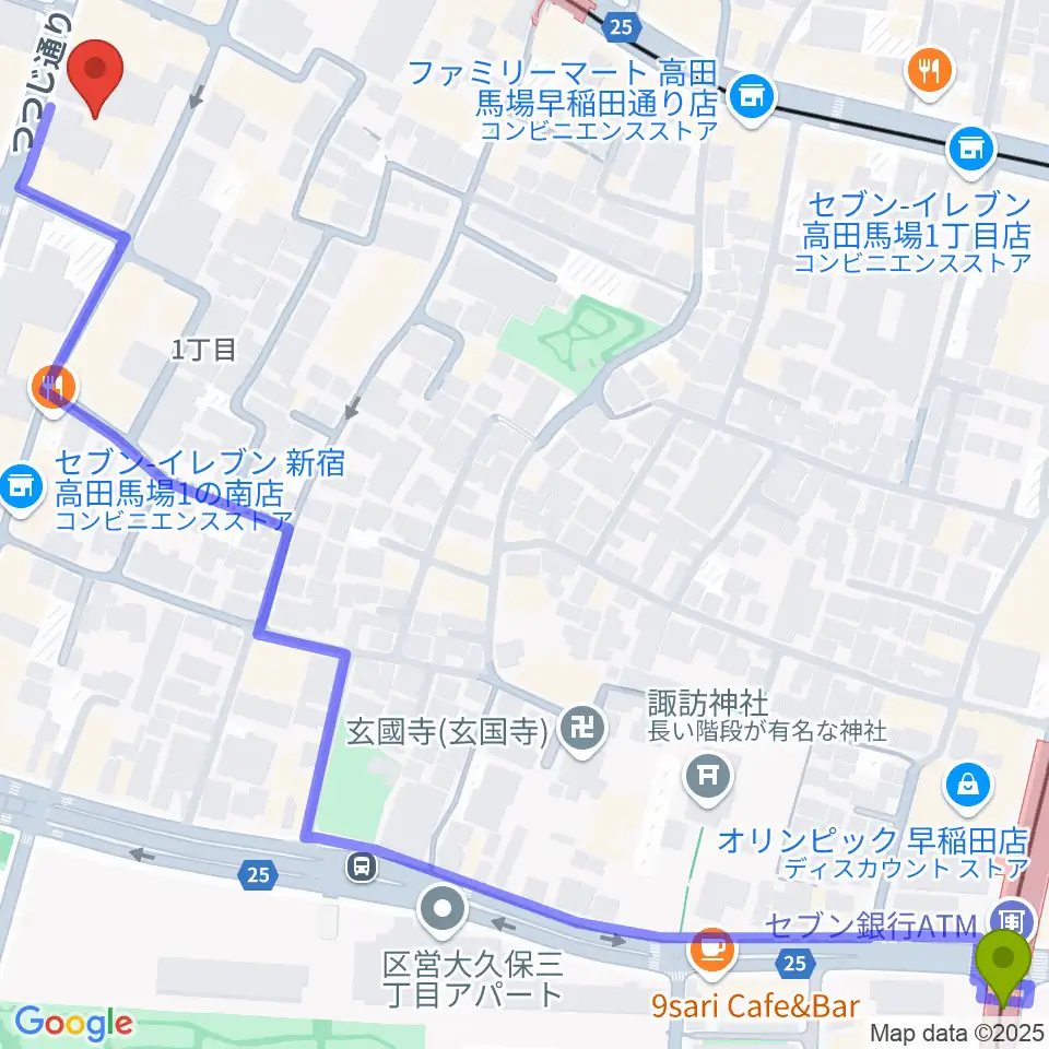 西早稲田駅からゲートウェイスタジオ高田馬場3号店へのルートマップ地図