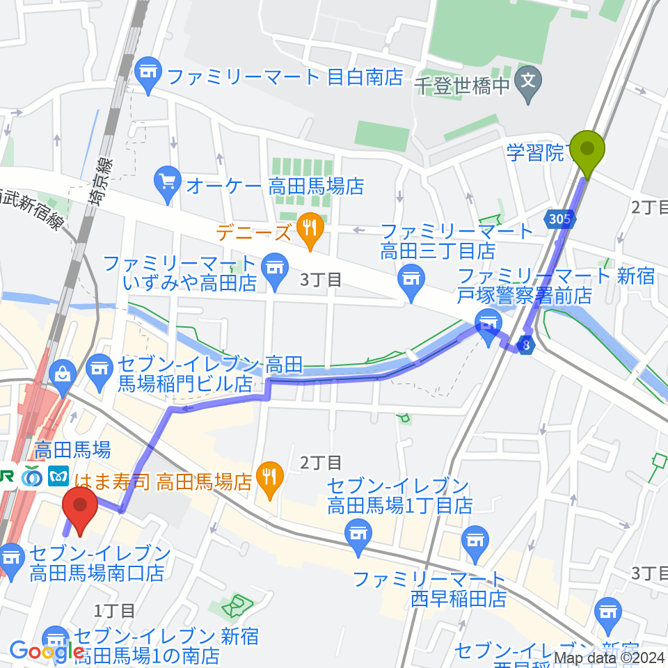 学習院下駅からゲートウェイスタジオ高田馬場3号店へのルートマップ地図