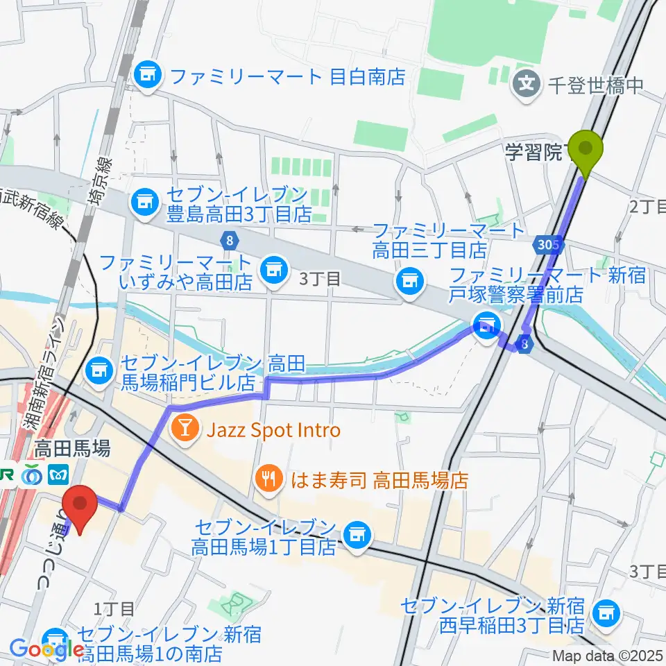 学習院下駅からゲートウェイスタジオ高田馬場3号店へのルートマップ地図