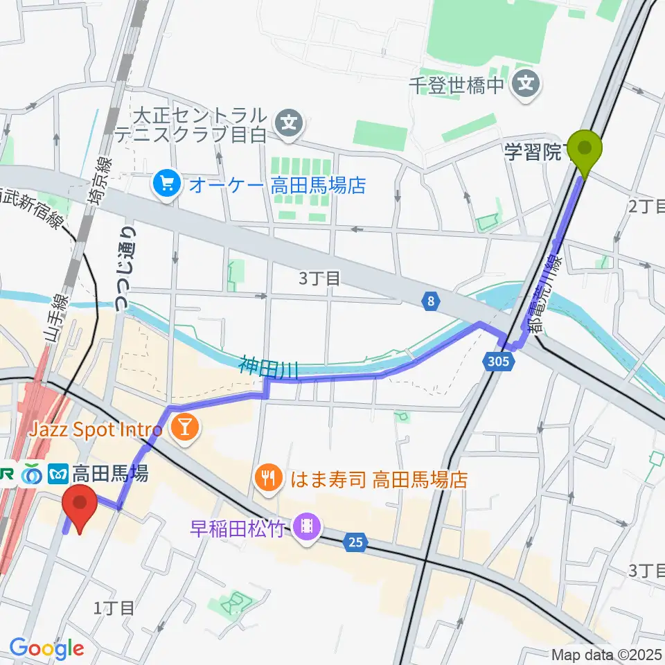 学習院下駅からゲートウェイスタジオ高田馬場3号店へのルートマップ地図