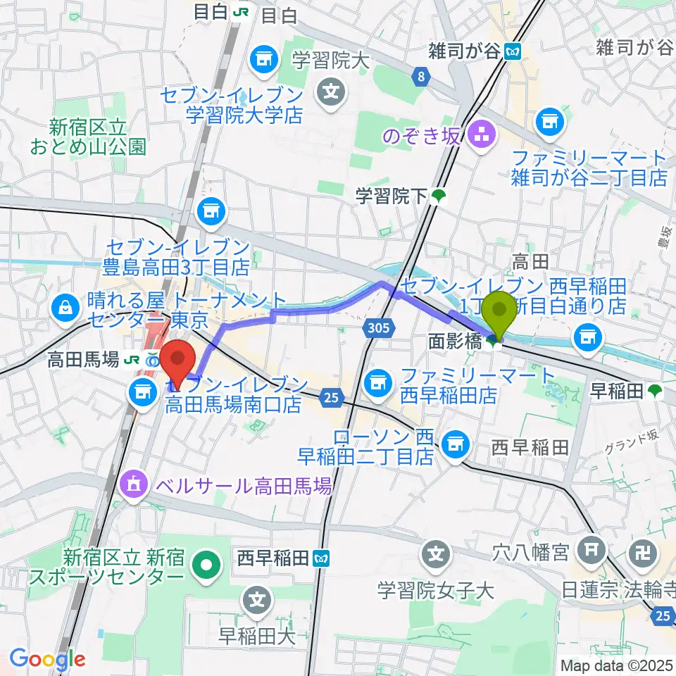 面影橋駅からゲートウェイスタジオ高田馬場3号店へのルートマップ地図